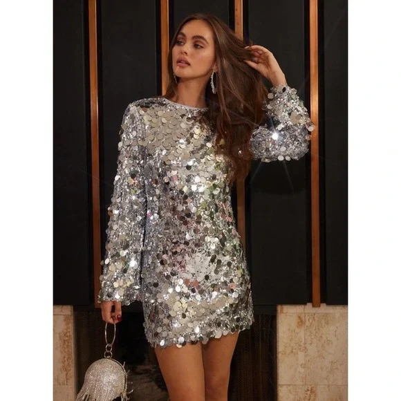 New 12th Tribe Pippa Silver Payette Long Sleeve Mini Dress S - Picture 1 of 12